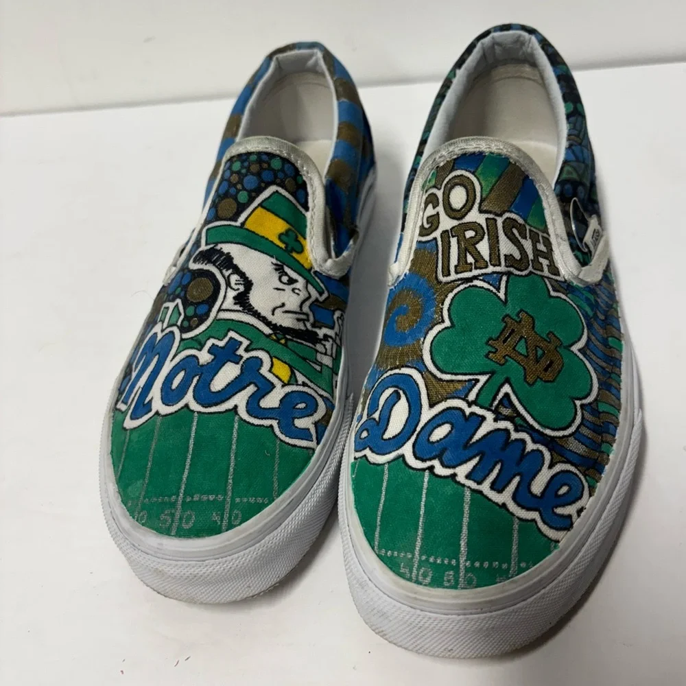 VANS Hand Painted Blue Green White Notre Dame Football Sneakers Women’s Size 7